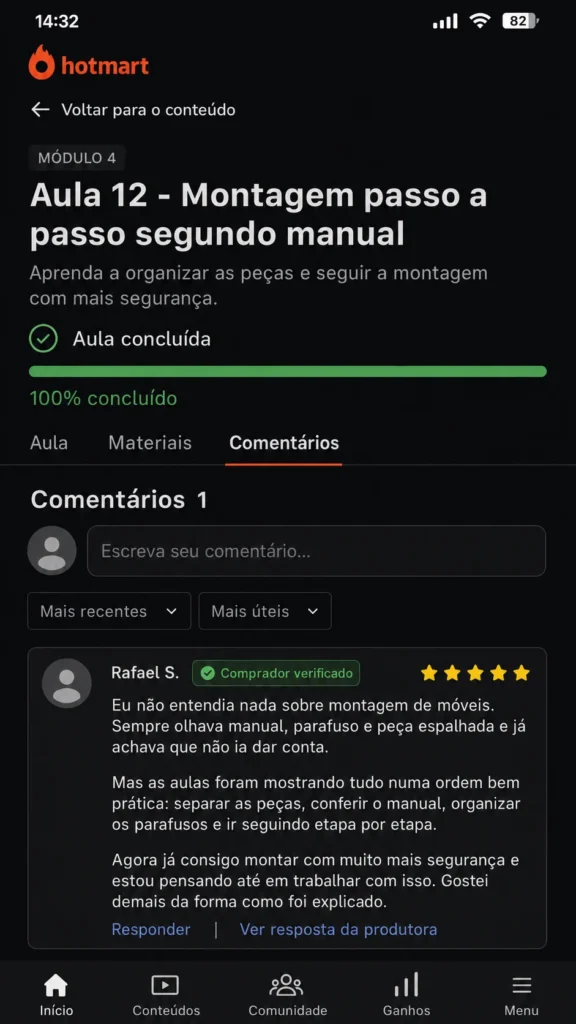 Captura da área de aulas e comentários sobre montagem de móveis.