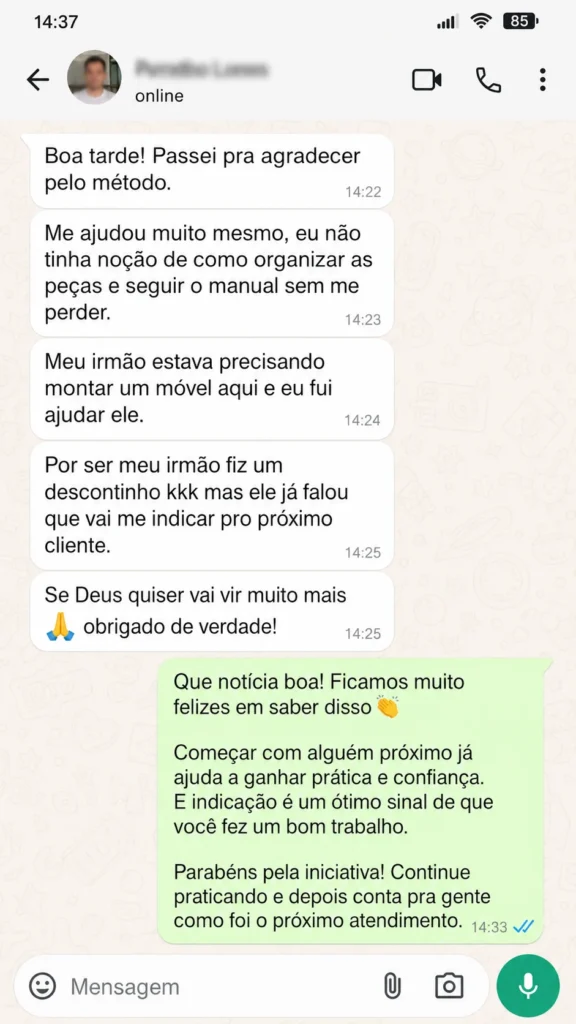 Mensagem de depoimento sobre as aulas de montagem de móveis.